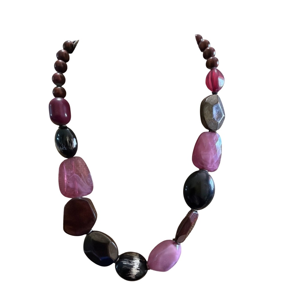 NY Chunky Statement Necklace Plum Burgundy Black Faceted Resin Bead Boho Chic